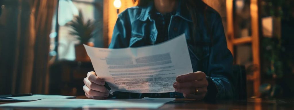 a determined individual reviews a detailed workers' compensation claim document under soft, natural lighting, symbolizing the journey through california's claims process and the challenges faced by injured workers seeking justice.