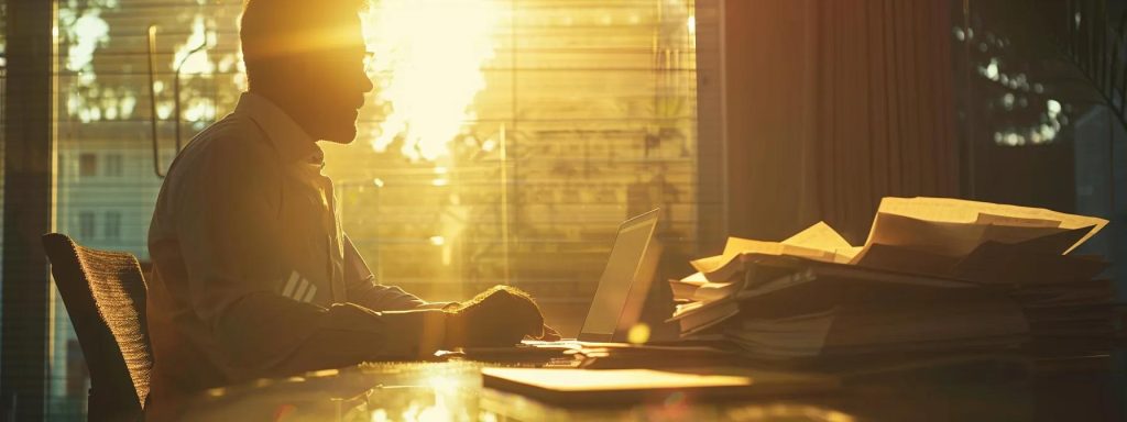 a determined individual sits at a negotiation table, surrounded by stacks of documents and a laptop, radiating confidence and focus as they engage in a serious discussion with an unseen insurance adjuster, illuminated by warm, natural light pouring through a nearby window.