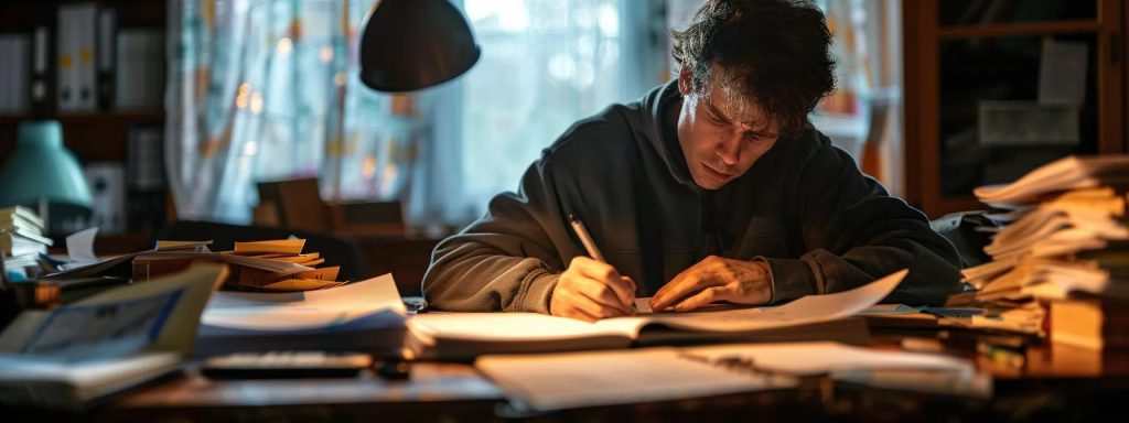 a determined individual sits at a cluttered desk surrounded by essential documents, focused on completing a workers' compensation claim form under the warm glow of a desk lamp, symbolizing the journey through the claims process.