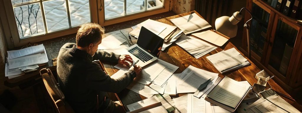a determined individual sits at a polished wooden desk, surrounded by open legal documents and a laptop, deeply engaged in assessing multiple workers' compensation attorney profiles, illuminated by soft, warm sunlight filtering through a nearby window.
