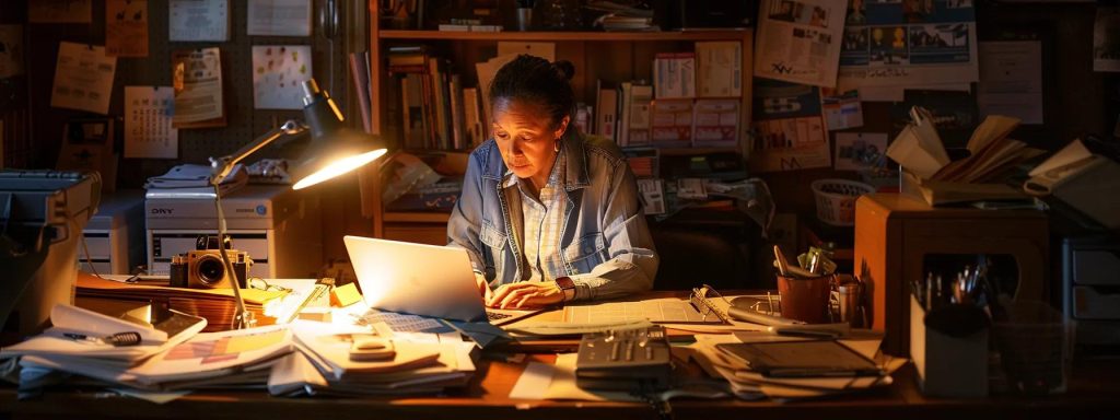 a determined individual sits at a cluttered desk, surrounded by essential documents and a laptop, deep in thought as they prepare to navigate the complexities of filing a workers' compensation claim, illuminated by the soft glow of a desk lamp.