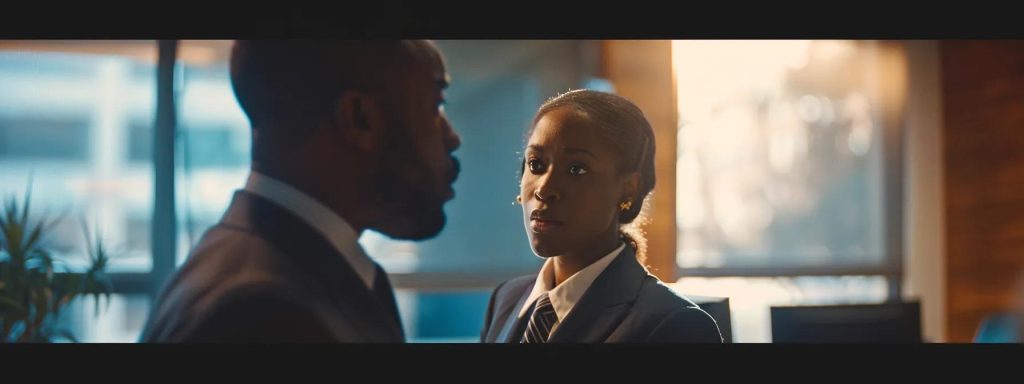 a determined individual stands at the forefront of a somber office, illuminated by soft, warm lighting, as they engage in a focused conversation with a professional lawyer, embodying the struggle and resolution in navigating the complexities of workers' compensation claims in long beach.