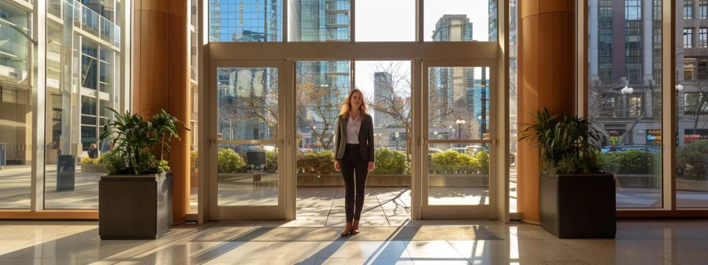 a determined individual stands at the entrance of a prestigious law office, framed by clear blue skies and vibrant cityscapes, symbolizing the pursuit of justice and support in workers' compensation claims.