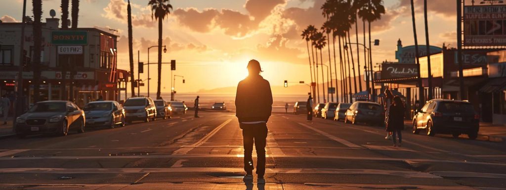 a determined individual stands at the edge of a bustling long beach street, gazing towards the horizon under the soft glow of the sunset, symbolizing resilience and the pursuit of justice in the injury claim process.