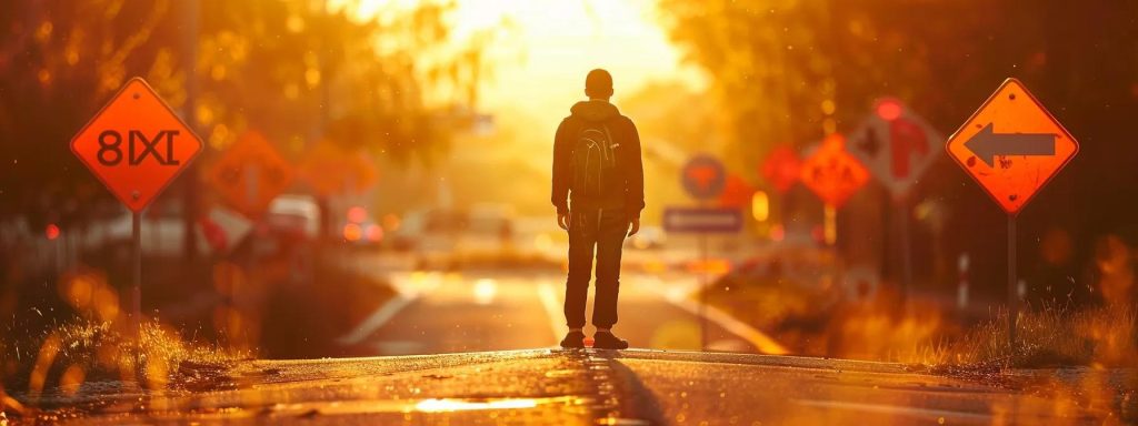 a determined individual stands confidently at a crossroads, surrounded by a vibrant landscape of symbolic road signs representing various stages of the workers' compensation process, illuminated by the warm glow of the setting sun.