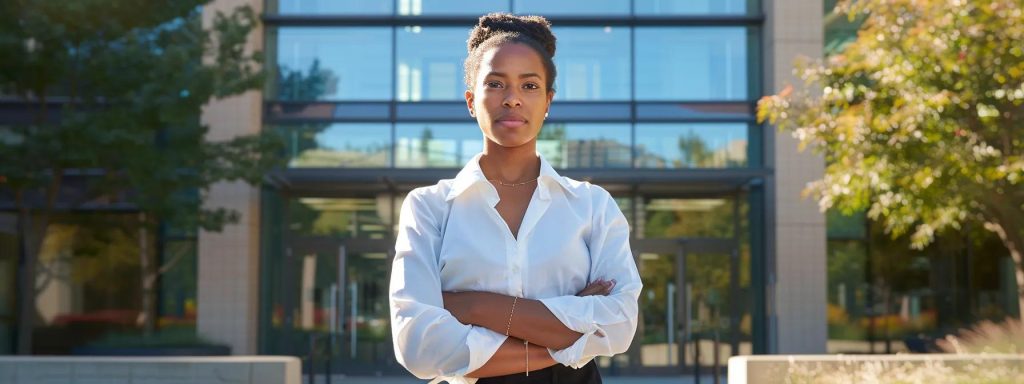 a determined individual stands confidently outside a sleek law office, surrounded by a vibrant urban landscape, reflecting the pursuit of the ideal workers' compensation attorney.