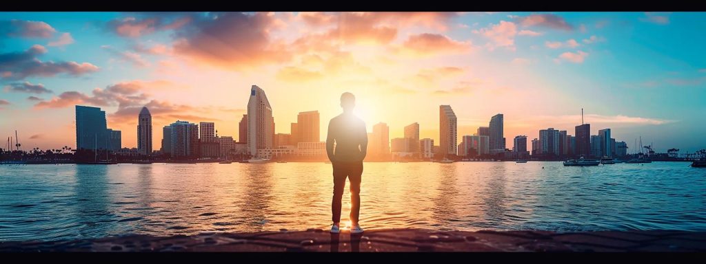 a determined individual stands confidently in front of a vibrant long beach skyline, symbolizing hope and support in navigating workers' compensation claims, with the warm glow of sunset illuminating their path forward.