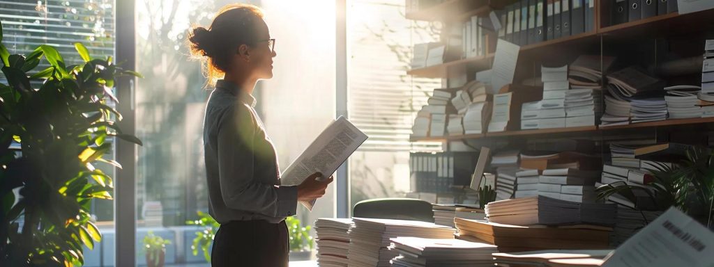 a determined individual stands confidently in a well-organized office, surrounded by neatly stacked claim documents, as they engage in a focused discussion with a professional attorney under the warm glow of natural light filtering through a large window.