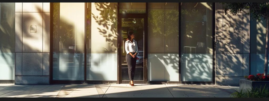 a determined individual stands confidently outside a sleek, modern law office in long beach, sunlight reflecting off the glass, symbolizing the pursuit of justice and support for injured workers.