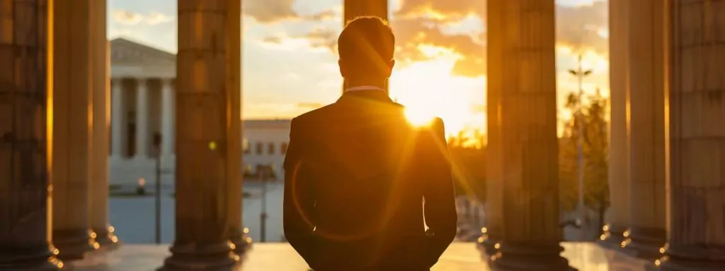 a determined individual stands confidently in front of a courthouse, surrounded by a dramatic sunset, symbolizing the journey through the long beach injury claim process, exuding resilience and hope for success.