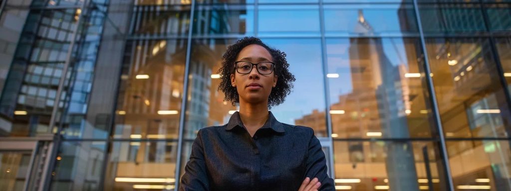 a determined individual stands resolutely in front of a towering office building, symbolizing the struggle against obstacles in the workers' compensation process.