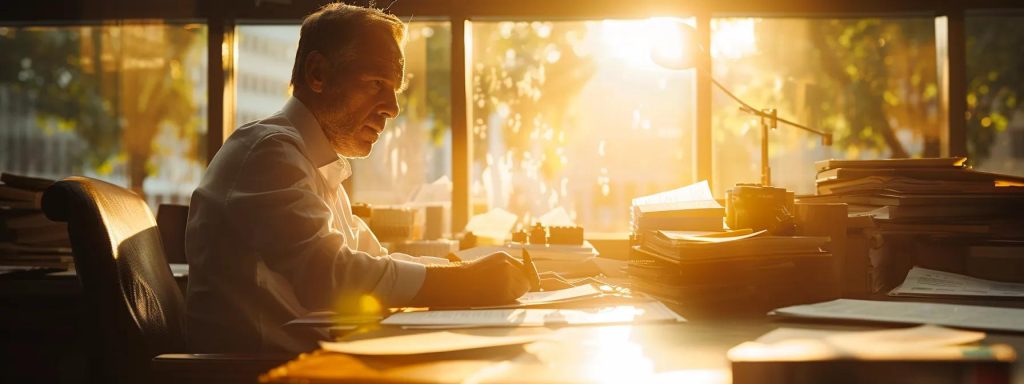 a determined injured worker sits at a desk, surrounded by paperwork and legal documents, illuminated by warm afternoon sunlight, while engaged in a focused conversation with a supportive lawyer, symbolizing the journey through the appeals process.