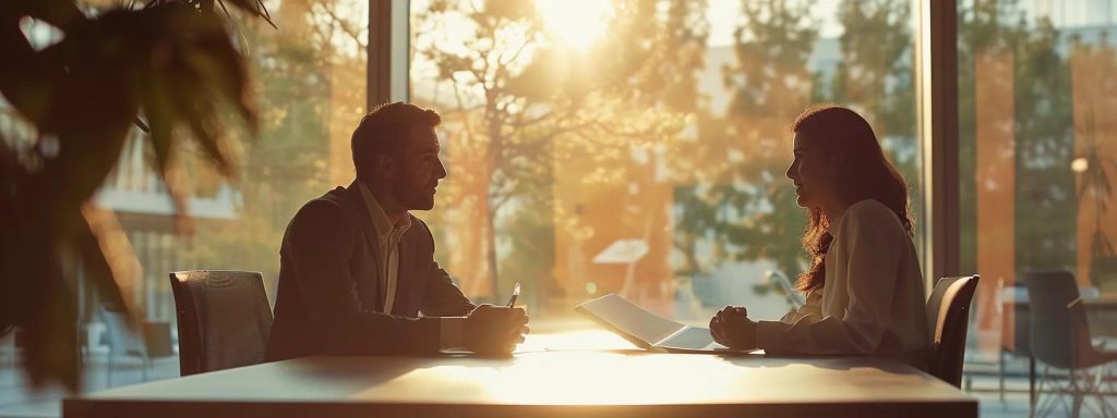 a determined injured worker sits at a conference table with a compassionate attorney, both focused on a legal document, illuminated by soft natural light streaming through a large window, symbolizing hope and support in navigating workers' compensation claims.