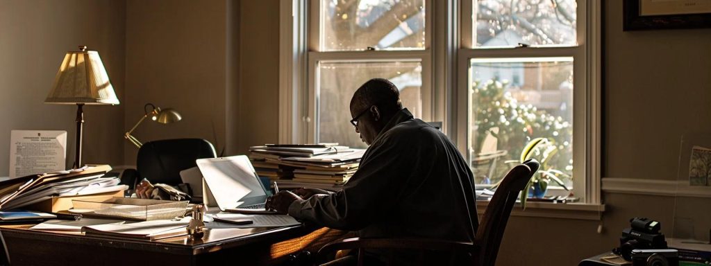 a determined injured worker sits at a desk surrounded by legal documents and a laptop, contemplating their next steps with a focused expression, illuminated by soft natural light filtering through a nearby window.