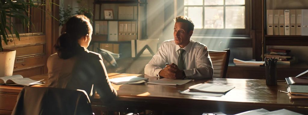 a determined injured worker sits at a polished wooden desk, engaged in a focused consultation with a professional attorney, surrounded by legal documents and a warm, comforting office atmosphere that conveys trust and support.