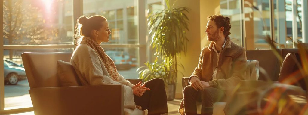 a determined injured worker sits in a bright, modern clinic, attentively discussing their treatment plan with a compassionate healthcare provider, emphasizing the importance of clear communication and thorough medical records in the healing process.