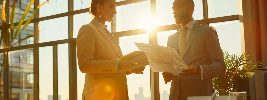 a determined injured worker stands confidently in a sunlit office, reviewing a detailed budget plan while engaged in a focused discussion with a professional attorney, embodying empowerment and clarity in managing legal expenses.