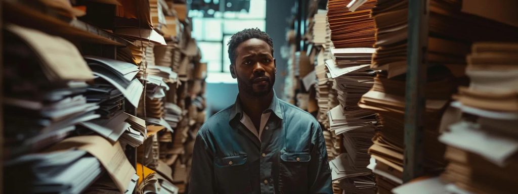 a determined injured worker stands resolutely in a dimly lit office surrounded by stacked paperwork, symbolizing the struggle and perseverance required to navigate the complex journey of appealing a denied workers' compensation claim.