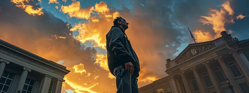 a determined injured worker stands in front of a courthouse, symbolizing the struggle of navigating workers' compensation appeals, under a dramatic sky that reflects their pursuit of justice.