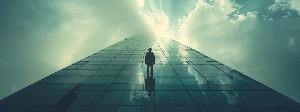 a determined injured worker stands at the forefront of a towering, dark bureaucratic building, symbolizing the daunting challenges of navigating disputes and appeals within california's workers' compensation system, illuminated by a ray of sunlight breaking through the clouds above.