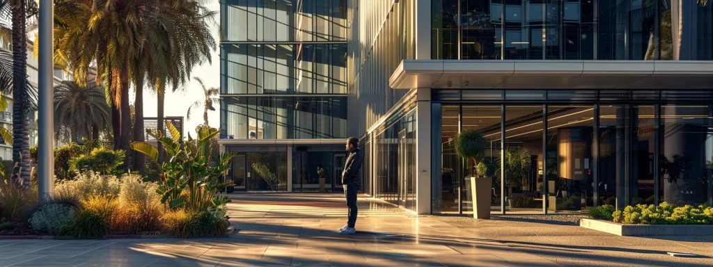 a determined injured worker stands confidently in front of a modern office building in long beach, symbolizing empowerment and clarity while navigating the complexities of the workers' compensation claims process under warm, inviting sunlight.
