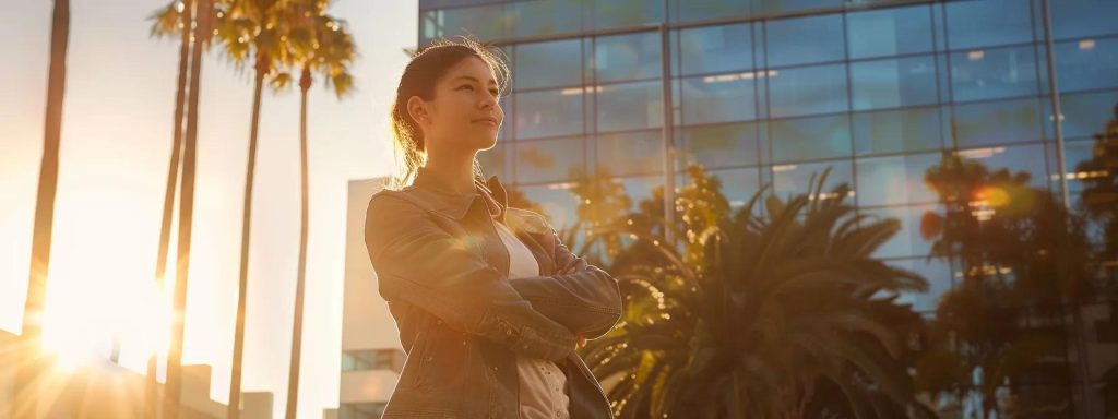 a determined injured worker stands confidently in front of an office building in long beach, embodying resilience and hope as sunlight bathes the scene, symbolizing successful recovery and the journey through workers' compensation claims.