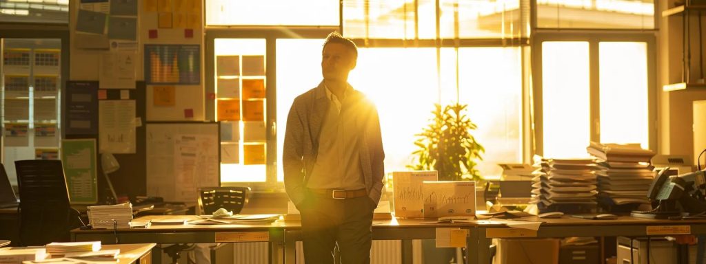 a determined injured worker stands confidently in a sunlit office, surrounded by informative brochures and charts about workers' compensation, symbolizing empowerment through knowledge and clarity.