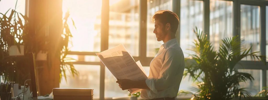 a determined injured worker stands confidently in a sunlit office, reviewing legal documents while contemplating their path to maximizing benefits through professional legal representation.
