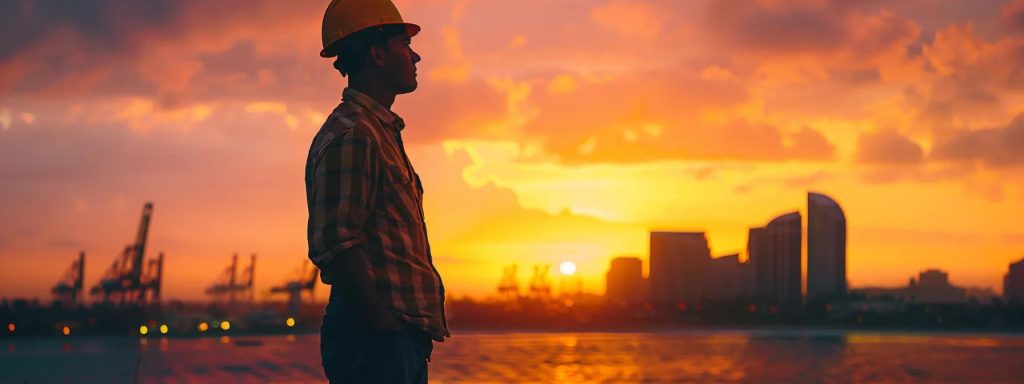 a determined injured worker stands confidently in front of a vibrant long beach skyline, symbolizing resilience and empowerment as they navigate the complexities of their workers' compensation claim.