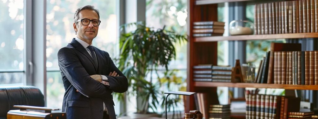 a determined lawyer stands confidently in a modern office, surrounded by legal books and case files, exuding professionalism as they evaluate a complex workers' compensation case with focused intensity and a backdrop of soft, natural light filtering through large windows.