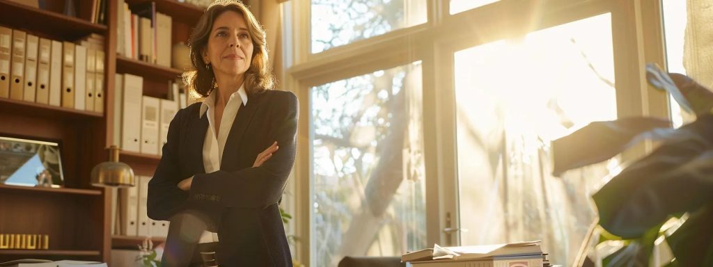 a determined long beach attorney stands confidently in their office, surrounded by legal books and documents, as sunlight streams through the window, symbolizing hope and support for injured workers navigating complex compensation claims.
