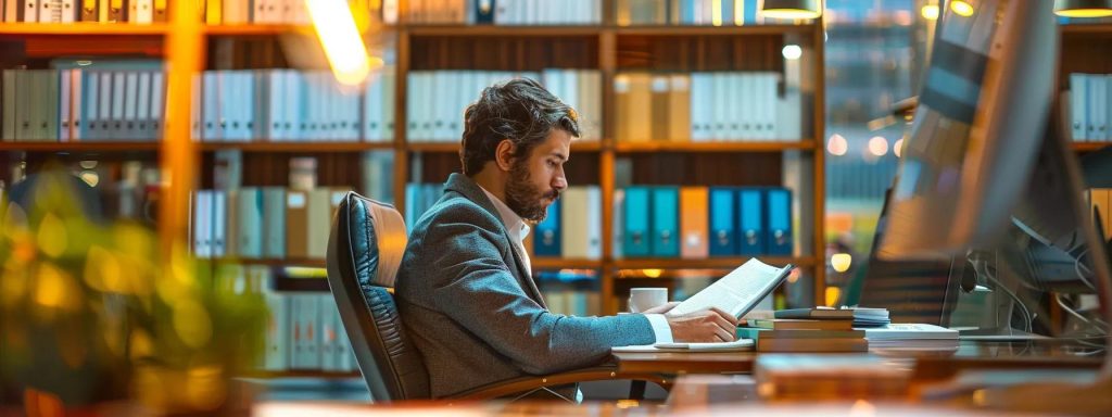 a determined long beach workers' compensation attorney confidently navigates a bustling office environment, surrounded by legal documents and vibrant charts, symbolizing the dynamic pursuit of justice for injured workers.