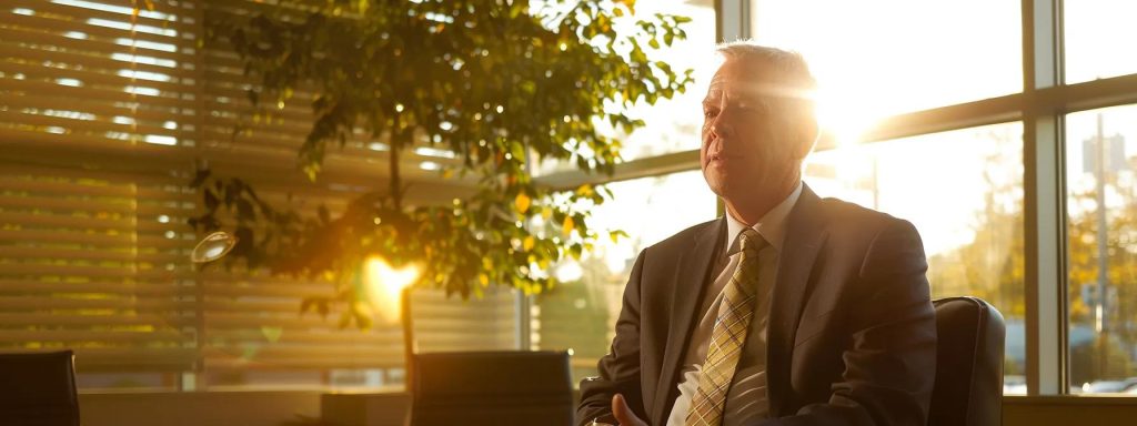 a determined personal injury attorney in a modern office setting, intently discussing case strategies with a client, illuminated by soft natural light streaming through large windows, conveying professionalism and hope for a favorable outcome.