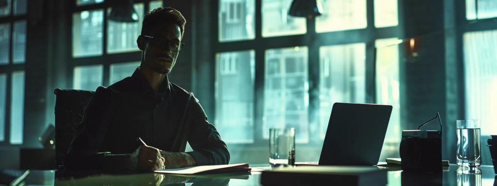 a determined professional stands confidently at a modern conference table, engaging in a strategic negotiation, with focused expressions and clear goals illustrated through visual cues like charts and documents in a well-lit, corporate setting.