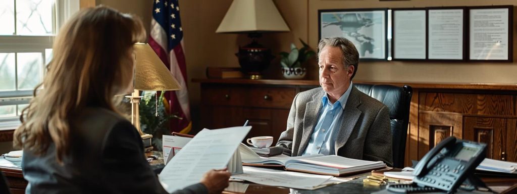 a determined worker sits across from a compassionate attorney in a bright, professional office, surrounded by organized legal documents and a warm, supportive atmosphere that underscores the importance of seeking help after an injury.