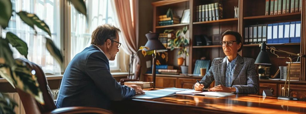 a determined worker sits confidently across from a skilled attorney in a warm office, surrounded by legal books and documents, symbolizing the empowerment and support offered through professional legal representation in workplace injury claims.