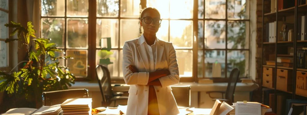 a determined worker stands confidently in a sunlit office, flanked by legal books and documents, symbolizing the empowerment and protection of rights during the workers' compensation claims process.