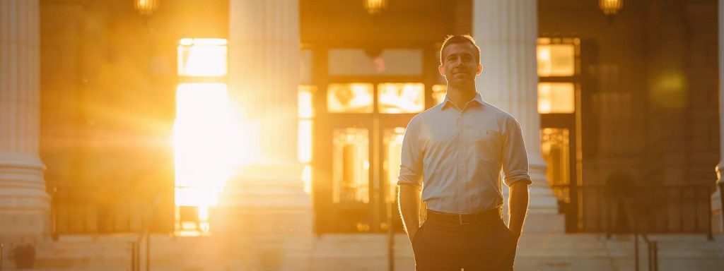 a determined worker stands confidently in front of a courthouse, bathed in warm sunlight, symbolizing the strength of legal protections and workers' rights in long beach.