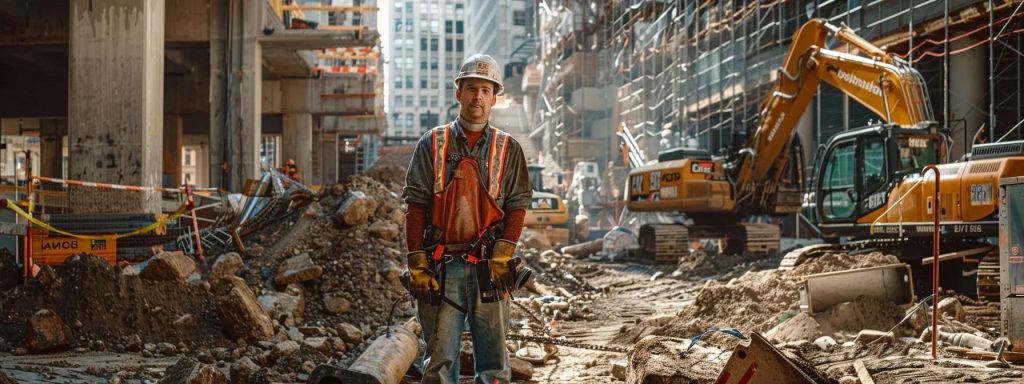 a determined worker stands confidently at a construction site, surrounded by safety gear and machinery, symbolizing the resilience and protection offered by the workers' compensation claim process.