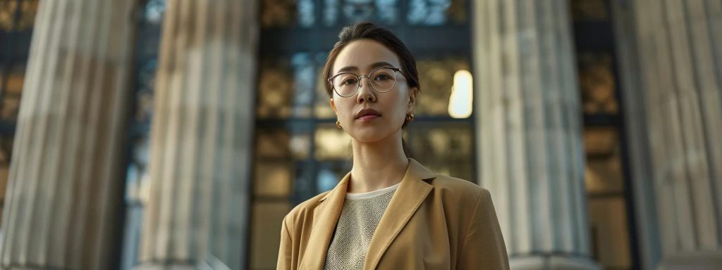 a determined worker stands confidently in front of a courthouse, symbolizing the journey of navigating workers' compensation claims with unwavering resolve and legal protection.