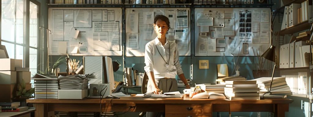 a determined worker stands confidently at a cluttered desk, surrounded by essential documents and medical paperwork, embodying the crucial steps of filing a workers' compensation claim in a well-lit, professional office environment.