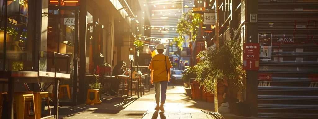 a determined worker stands confidently in a sunlit urban space, surrounded by illuminated resources and supportive community symbols, embodying resilience and empowerment in the face of adversity.