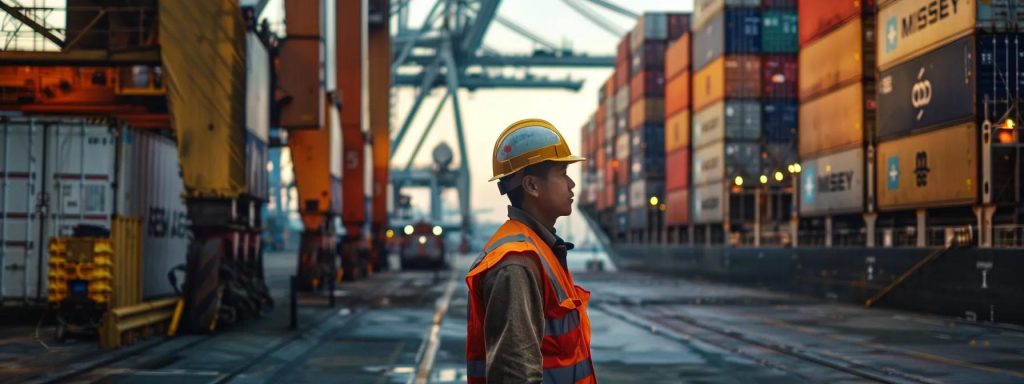 a determined worker stands confidently in a bustling long beach port, surrounded by towering cargo containers and heavy machinery, symbolizing the rights of employees to safe working conditions and the pursuit of justice after workplace injuries.