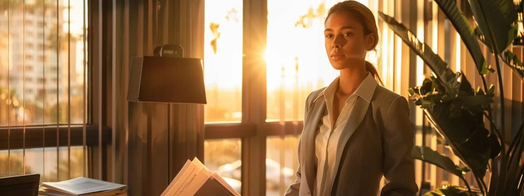 a determined worker stands confidently in front of a modern law office in long beach, surrounded by documents symbolizing legal support and compensation, bathed in warm afternoon light that emphasizes the hope and clarity in navigating legal challenges.