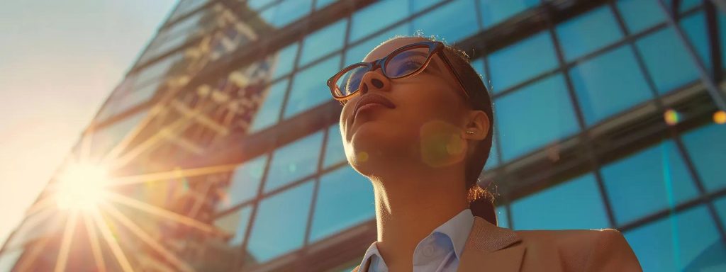 a determined worker stands confidently in front of a towering office building, symbolizing the resilience needed to navigate the complex workers' compensation claims process in long beach, under a bright, hopeful sky.