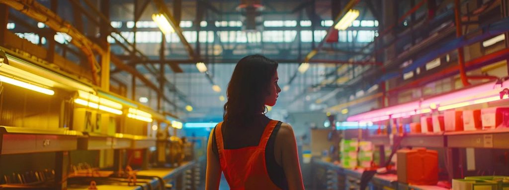 a determined worker stands in a bright, safety-conscious factory environment, illuminated by vibrant overhead lights, as they review safety protocols and medical resources, symbolizing empowerment and awareness after a workplace injury.