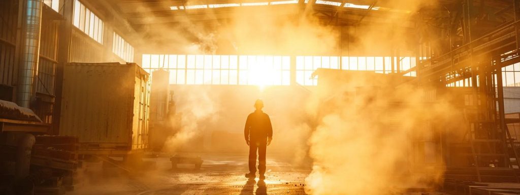 a determined worker stands in a sunlit industrial setting, wearing safety gear, as clouds of dust swirl around, symbolizing the complexities of workers' compensation cases involving toxic exposure and occupational health.