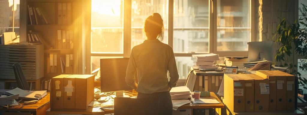 a determined worker stands in a sunlit office, surrounded by organized paperwork and a computer, symbolizing the empowerment of understanding workers’ compensation options and the importance of preparation for filing a claim.