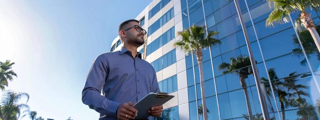 a determined worker stands in front of a modern office building in long beach, gazing confidently at a clear blue sky while holding a clipboard, symbolizing the journey of initiating a workers' compensation claim.