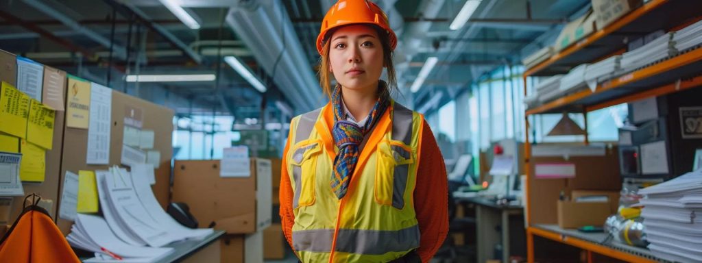a determined worker stands resiliently in a bustling long beach office, surrounded by vibrant safety posters and paperwork, symbolizing the strong support and protections offered by the city's workers' compensation laws amidst a backdrop of modern industry.